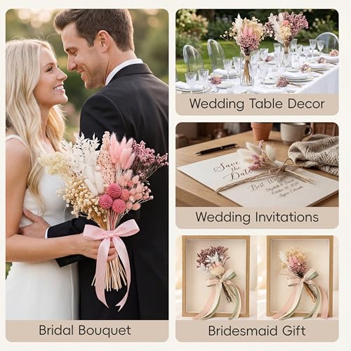 LUXEEASE DIY Boho Dried Flowers Bouquet 141 Stems, 9 Kinds Natural Preserved Flowers (Pink/White) Mini Dried Flower Arrangements for Home Wedding Centerpiece - color: Blush & Cream