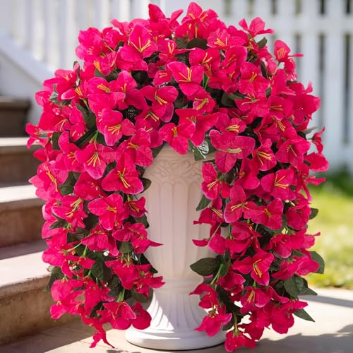 Fake Bougainvillea Artificial Flowers for Outdoors Decoration 2 pcs Faux Hanging Flowers Plants for Outdoor Planters UV Resistant Silk Bougainvillea Vines for Front Door Porch Urn Patio Garden - color: Hot Pink