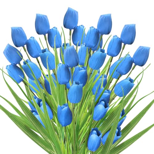 10 Bundles Artificial Tulips Flowers Outdoor,16.5 inch UV Resistant Fake Tulips Real Touch Flowers,Faux Tulips Realistic Flowers for Home Garden Outside Wedding Decor (Blue) - color: Blue