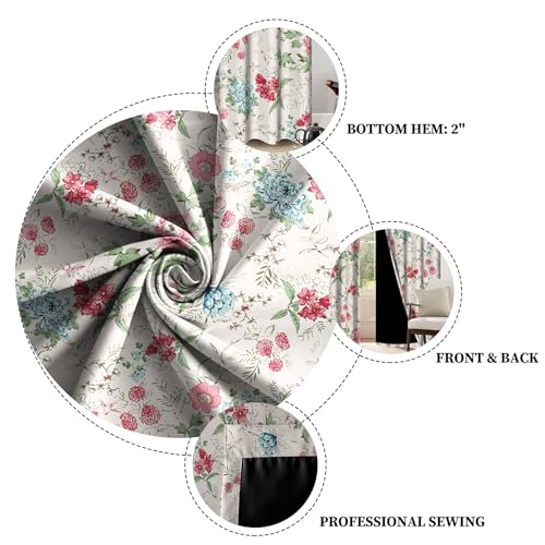 Renaiss Boho Flower Blackout Curtains Wild Blue Pink Floral Thermal Insulated Window Drapes for Bedroom 29W x 45L inches 2 Panel Set Beige Window Curtain Panels for Kitchen - color: Floral & Leaf, size: 29"W x 45"L (Pack of 2)