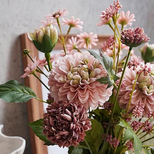 Fake Flowers with Vase for Home Decor, Faux Flowers with Paper Pulp Pot, Flower Arrangement with Silk Dahlias, Office Dining Living Room Decor, Centerpiece Table Decorations, Nude Pink - color: Dusky Pink