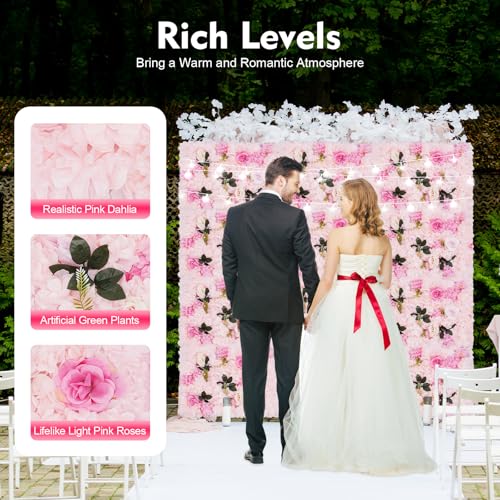 12 Pcs Flower Wall Panel, Artificial Flower Backdrop Wedding Backdrop Deco Floral Wall, Silk Rose Panels 3D Flower Background Panel for Wall, Light Pink Artificial Dahlia Rose Flower Wall Mat - color: Light Pink
