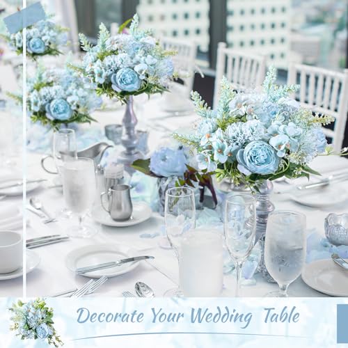 Zeyune 8 Pcs 13.4 Inch Artificial Flowers Bouquet Fake Silk Flowers Faux Bouquet Hydrangea Bouquets for Wedding Birthday Table Centerpieces Home Office Decoration (Peony,Blue) - color: Blue, size: Peony