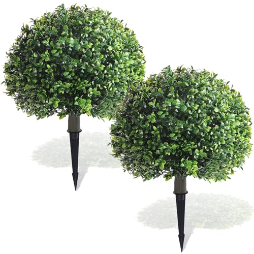 Yunlly 2 Pack 18" Artificial Boxwood Ball Bush Topiary Trees Fake Outdoor Plants, Realistic UV Resistance Faux Shrubs with Spike Greenery Topiary for Front Porch Garden Yard Patio Indoor (Green) - color: Green