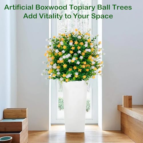 Outdoor Artificial Flowers Topiary Ball Tree with Stake,2Pack Spring Fake Boxwood Topiary Ball Faux Greenery Shrubs,Realistic UV Resistant Fake Plants Bushes for Indoor Front,Diameter15.8 - color: White+yellow