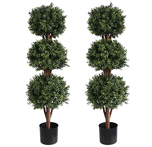 Artificial Triple Ball Boxwood Topiary Trees, Set of 2 46.5 Inch Faux Boxwood Plants Potted for Restaurant, Porch,Home,Garden Decor - size: 2 PC - 46.5 inch high