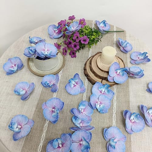 Fake Blue and Red Stripes Orchids Artificial Flowers Heads, 3.5''Fake Orchid Heads for Wedding Floral Bouquet Decor DIY Craft Making Bridal Shower Photography Props (80, Blue+red Stripe) - color: Blue+red Stripe