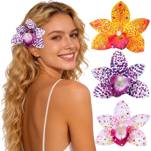 Mesovor 3 Pack Hawaiian Flower Hair Clips, Artificial Tropical Flower Orchid Hair Pin | Rhinestone Hairpins Hair Accessories for Wedding Bridal Beach Party (Orange Orchid) - color: Orange Orchid