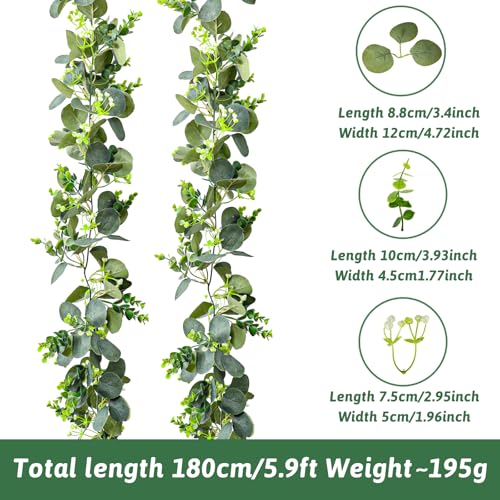 MAKHOT 2pcs Artificial Eucalyptus Garland, 5.9FT Greenery Garland Flower Spring Summer Green Garlands Vines Decoration, Fake Silver Dollar Eucalyptus Leaves Vines for Table Home Wedding Party Decor - color: Green-2pcs
