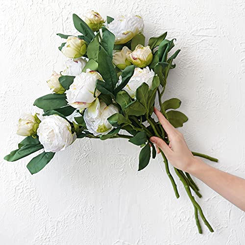 FiveSeasonStuff Vintage White Peonies – Realistic Artificial Silk Flowers with Dry-Look Petals, 6 Stems for Rustic Home & Wedding Bridesmaids Bouquet Bridal Showers - color: Antique White (6 Stems)