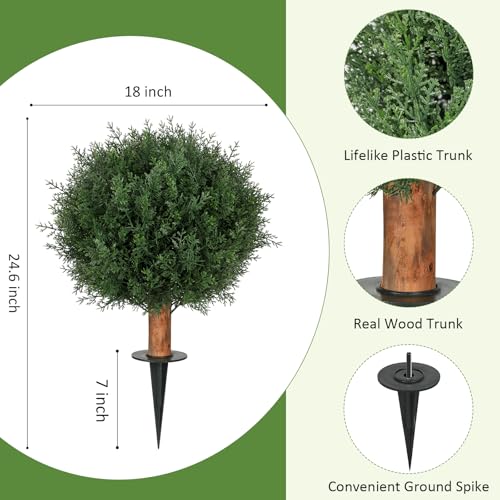 Artificial Cedar Topiary Ball Trees with Ground Spike, 24.6 inches Tall UV-Resistant Fake Outdoor Plants Evergreen Shrubs, Realistic Faux Pine Bushes for Front Porch Home Patio Garden, Set of 4