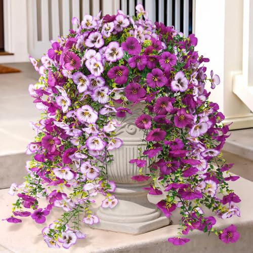 Fake Artificial Flowers for Outdoors, 4 Pcs Faux Hanging Pansy Flowers Spring Summer Decor, UV Resistant Fake Plants Silk Flower for Planter Front Door Porch Patio Yard Garden(Gradient Purple Red) - color: Gradient Purple Red