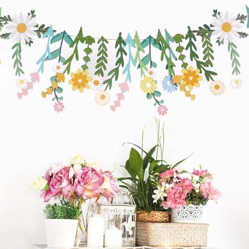 Daisy Flower Banner Wildflower Party Decorations Leaves Banner Paper Flower Garland Daisy Groovy for Wall Decoration Spring Baby Shower Wedding Backdrop Decorations - color: White, Yellow, Green, Pink