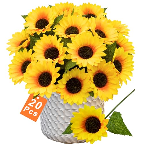 20Pcs Artificial Sunflowers, Realistic Fake Sunflowers with Stems, Faux Silk Sunflower Bouquet Yellow Flowers for Home Kitchen Farmhouse Decor, Fall Table Centerpieces, Wedding Party (10.6") - color: Sunflower