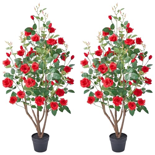 VeriNatural Fake Rose Plants,4Ft(48") Red Artificial Roses,UV-Resistant Faux Silk Flowers for Indoor Outdoor,Potted Faux Trees for Home Decor, Courtyard,Patio, Front Porch Topiary Set of 2 - color: Red, size: 4ft