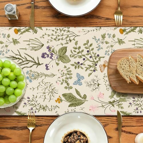Artscope Wildflowers Floral Spring Table Runner, Summer Flowers Plants Butterfly Holiday Kitchen Dining Table Decoration for Spring Home Decor 13x120 Inch - size: 13" x 120"