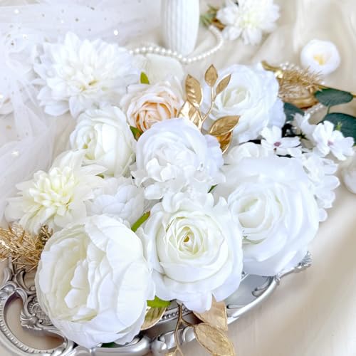 White Artificial Flowers Combo Box Set Bulks Champagne Ivory Silk Dahlia Roses DIY Cake Flowers Bridal Wedding Bouquets Boho Fake Floral Gold Leaves Stems Centerpieces Baby Shower Table Decor - color: White, Cream