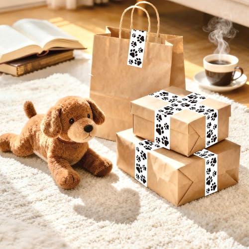 Whaline 109 Yard Dog Paw Packing Tape Waterproof Shipping Tape White Black Pet Paw Gift Wrapping Tapes for Small Business DIY Crafts Box Carton Decor - style: Black White Dog Paw