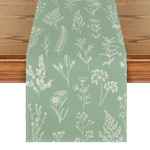 Artoid Mode Sage Green Leaves Flowers Spring Table Runner, Seasonal Kitchen Dining Table Decoration for Home Party Decor 13x36 Inch - color: Sage Green, size: 13" x 36", Table Runner