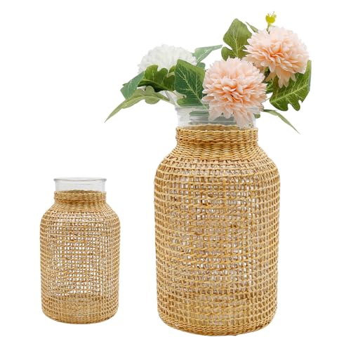 MDEOOSKY Straw Woven Glass Vase 10.23''X3.93''X5.51''Boho Glass Flower Vase Country Rustic Style Vase Glass Vase for Floral Arrangements Bottle Height (B Style 10.23IN) - size: 10.25IN