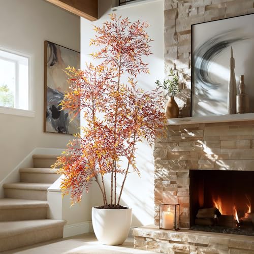 Faux Bamboo Plant Artificial Nandina Tree 7.2FT Artificial Plants Realistic 90% Better Coverage Faux Plant Bamboo Plants Faux Floor Plant in Pot for Home & Office Decor (Red, 7.2ft) - color: Red, size: 7ft 2in