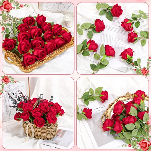 36 Pcs Velvet Silk Red Rose Bouquet Bridal Artificial Flowers,Fake Rose Long Stem Realistic Flowers Bulk for Wedding Bouquet Ball Arrangement Centerpiece Party Decor - color: Red