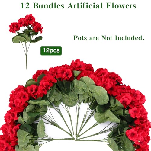 CEWOR Artificial Geranium Flowers for Outdoor, Fake Silk UV Resistant Geranium Red Flowers, Faux Flower for Garden Front Door Porch Planter Patio Home Decor (12, Red) - color: Red Geranium