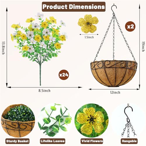 2 Pack Artfiticial Hanging Flowers Baskets for Outdoors, UV Resistant Faux Hanging Plants, 24 Pcs Fake Silk Flowers for Patio Garden Front Porch Balcony Decor (Yellow White) - color: Yellow White