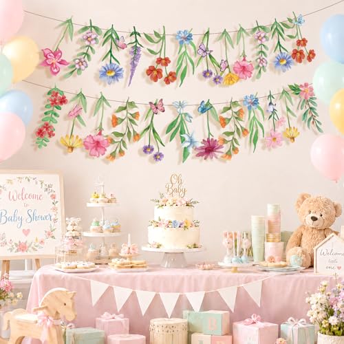 2Pcs Spring Wildflower Party Hanging Decorations, Watercolor Floral Banners Spring Wildflower Cutouts Garland Backdrop for Spring Summer Girls Garden Birthday Wedding Party Decor Supplies, 9.8Ft