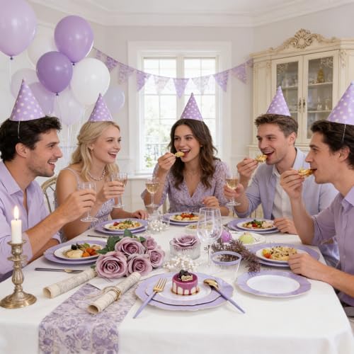 WDF 60pcs Purple Plates Disposable with Gold Rim - Baroque Light Purple Plastic Plates - Lavender Plates for Spring/Wedding/Birthday - color: Purple and White, size: 60PCS