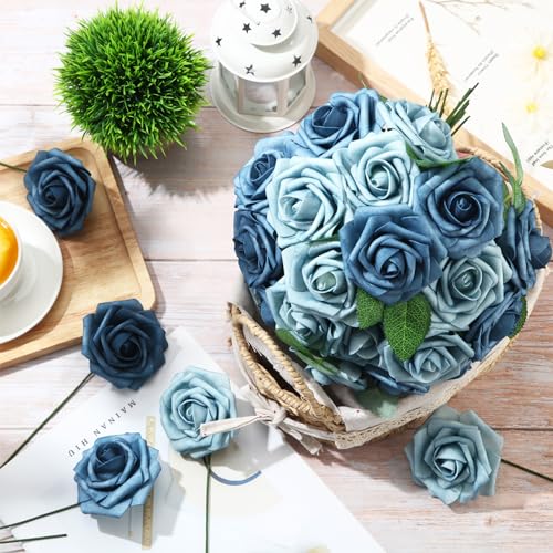 50 Pcs Artificial Foam Rose Flower Faux Bouquet Wedding Fake Rose Gift for Mother's Day Women DIY Bridal Shower Party Table Birthday Home Spring Decor (Blue Two Tone) - color: Blue