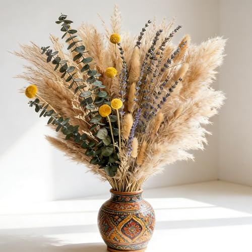 Spring Dried Flower Bouquet with Yellow Accent Flowers and Pampas Grass – Warm Neutral Floral Arrangement for Home, Wedding Tables and Events 17 Inch (Golden Spring) - color: Golden Spring