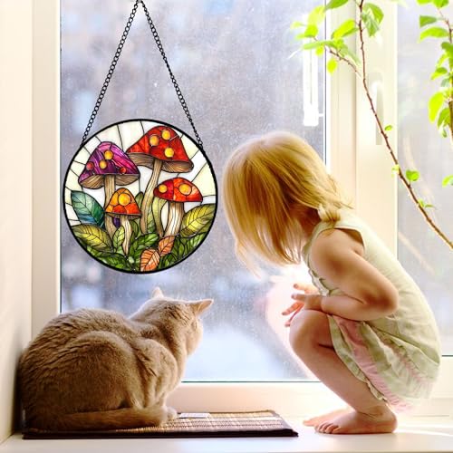 DASTOLL Stained Glass Window Hanging, Mushroom Leaves Suncatcher for Doors Home Sun Catchers Decoration and Christmas, Mother's Day Birthday Gifts for Women, Men, and Mom 7.8 in - color: Red and White, size: 7.8x7.8 IN