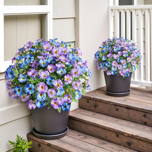 Blue Purple Artificial Morning Glory Flowers for Outdoor Planters, Premium UV Resistant Silk Faux Flowers for Porch, Hanging Basket & Window Box, Cottage Garden Decor, No Pot, 13.3 Inch, 8 Bundles - color: Blue Purple 8pcs
