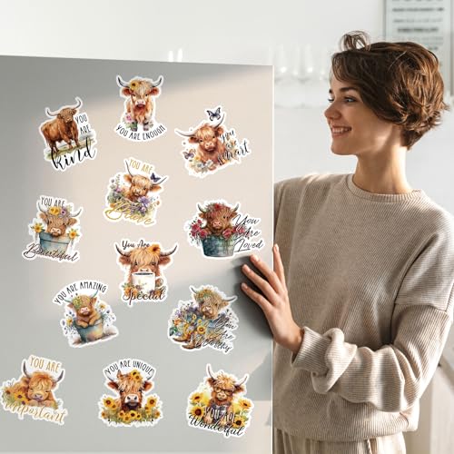 Whaline 12Pcs Highland Cow Refrigerator Magnets You are Enough You are Loved Inspirational Quotes Magnetic Stickers Motivational Magnet Decal Gifts for Graduation Women Men Friends - style: Highland Cow