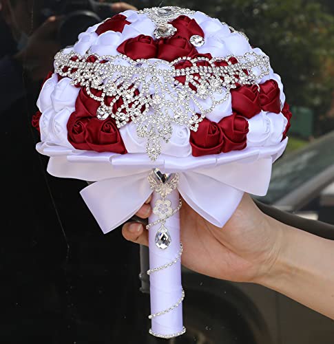 Sharebeauty 7.1 Inch Handmade Satin Rose Bridal Bouquet Toss Round Wedding Bouquet Throw Toss Artificial Flower Bunch Dark Red + White - color: W28735 Dark Red/White, size: 7.1"/18cm