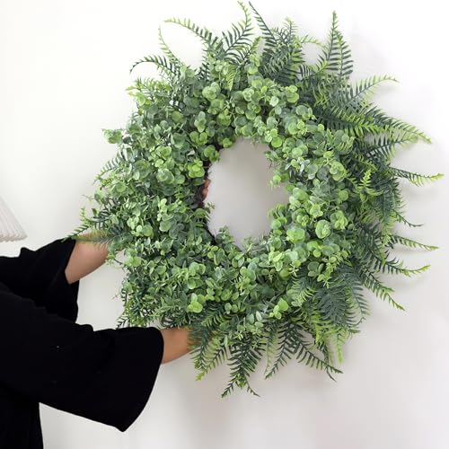 26'' Eucalyptus and Boston Ferns Wreath for Front Door - Large Artificial Greenery Outdoor Wreath for Porch,Window,Farmhouse,Home,Hanging Decor- Spring, Summer, All Seasons (Gray-Green)