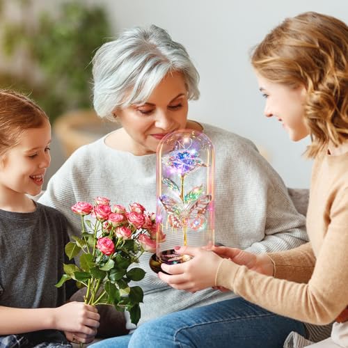 Mothers Day Flowers Gifts for Mom Women Birthday Gift, Galaxy Glass Rose Forever Eternal Crystal Rose in Glass Dome with Butterfly Mother's Day Roses Gifts for Mom Daughter Wife Women Grandma Colorful - color: B Colorful