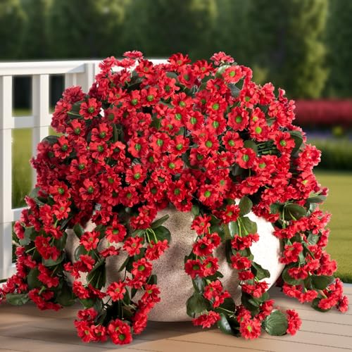 INXUGAO Artificial Fake Hanging Flowers Plants for Outdoor Summer Decoration,2 PCS Faux Silk Fuchsia Orchid Long Vines Stems Bouquet UV Resistant for Wall Home Porch Patio Outside(Red) - color: B-red