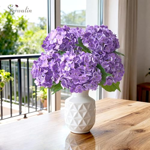Serwalin 5PCS Real Touch Hydrangea Artificial Flowers with Long Stems,20in Purple Latex Large Lifelike Faux Hydrangea Flowers for Family Table Office Wedding Party Arrangements Decor - color: Purple, size: 5PCS