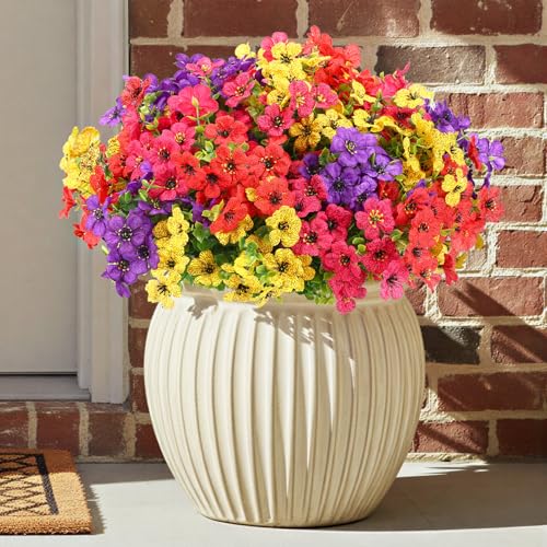 CEWOR Artificial Flowers for Outdoor Indoor, Fake Silk Daisy with Eucalyptus Leaves, Faux Flower for Garden Front Door Porch Planter Patio Home Decor (12 Bundles, Mix Red Purple Yellow Fuchsia) - color: 4 Color Daisy