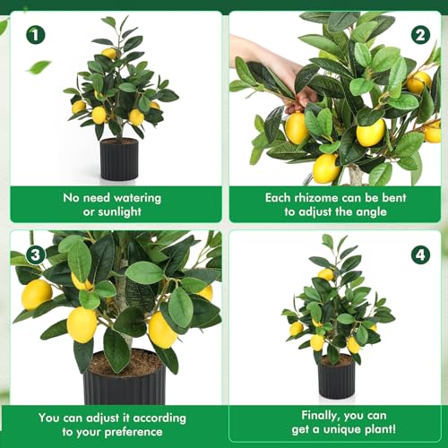 Giegxin 2 Pcs Artificial Lemon Tree 15.7 Inches Fake Artificial Potted Plants Faux Lemon Citrus Tree with Pot Faux Plants Indoor for Home Kitchen Office Living Room Table Desk (Black Pot) - color: Black Pot