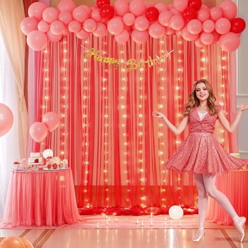 Red Tulle Backdrop Curtain with Lights String for Parites 10x8ft Red Sheer Backdrop Curtains Drapes for Birthday Party Bridal Shower Baby Shower Christmas Wall Photo Booth Background Decorations - color: Red, size: 10 ft X 8 ft(2 Panels 5ft X 8ft)