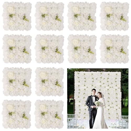 3D Flower Wall Backdrop - 12Pcs 15×15 Inch Artificial Rose Panels White Silk Floral Decor for Home Party Wedding Anniversary Birthday Photographic Studio Background & Decorative Fences - color: White, size: 12PCS-15x15