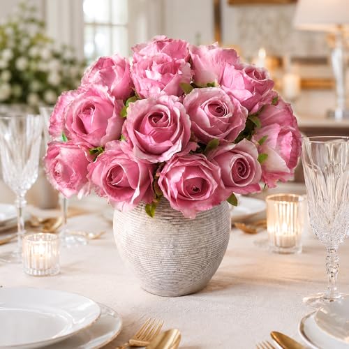 Ivydale 18pcs Pink Roses Artificial Flowers, Fake Roses Silk Flowers with Stems Realistic Bouquet for Wedding Party Mother's Day DIY Centerpiece Floral Romantic Gifts - color: Rose-a Pink