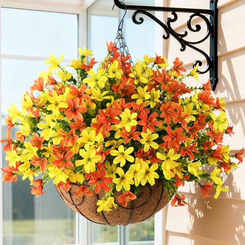INQCMY Artificial Hanging Flowers for Outdoors, 5 Bundles UV Resistant Artificial Hanging Baskets,All Weather Fake Flowers for Patio, Porch, Yard, Window Box,Home for Spring Summer Decoration. - color: Yellow Orange