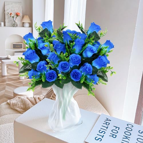 XONOR Artificial Rose Flowers - 4Bouquets Realistic Fake Silk Roses for Wedding Party Home Centerpieces Office DIY Cemetery Grave Decoration (Pack of 4, Blue) - color: Blue