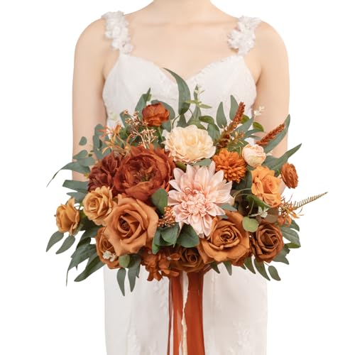 TINGE TIME 13 inch Terracotta Wedding Bouquets for Bride, Bridal Bouquet for Bride, Artificial Silk Rose for Graduation Bouquet, Fake Flowers for Fall Wedding Ceremony and Anniversary - color: Terracotta