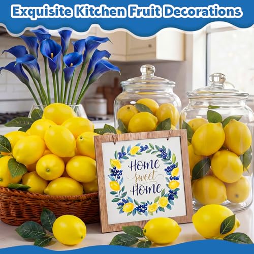 Norme 63 Pcs Artificial Lemon Decoration for Home Centerpiece, Faux Yellow Lemons, Artificial Fake Lemon Leaves and Wooden Desktop Sign Decor for Home, Kitchen, Party Decor, Photography Props - style: Lemon Style 2