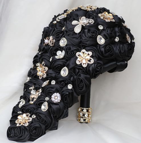 Luxury Cascade Bridal Wedding Bouquet Satin Rose Waterfall Holding Bouquet Artificial Flower Bunch for Bride Bridesmaid(Black, 17.3" x 8.7") - color: Black, size: 17.3"L x 8.7"W(44cm x 22cm)